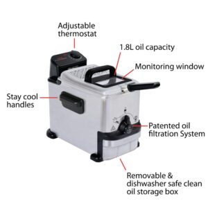 T-fal Compact EZ Clean Stainless Steel Deep Fryer with Basket 1.8 Liter Oil and 1.7 Pound Food Capacity 1200 Watts Easy Clean, Temp Control, Oil Filtration, Dishwasher Safe Parts, 1.8 Liters