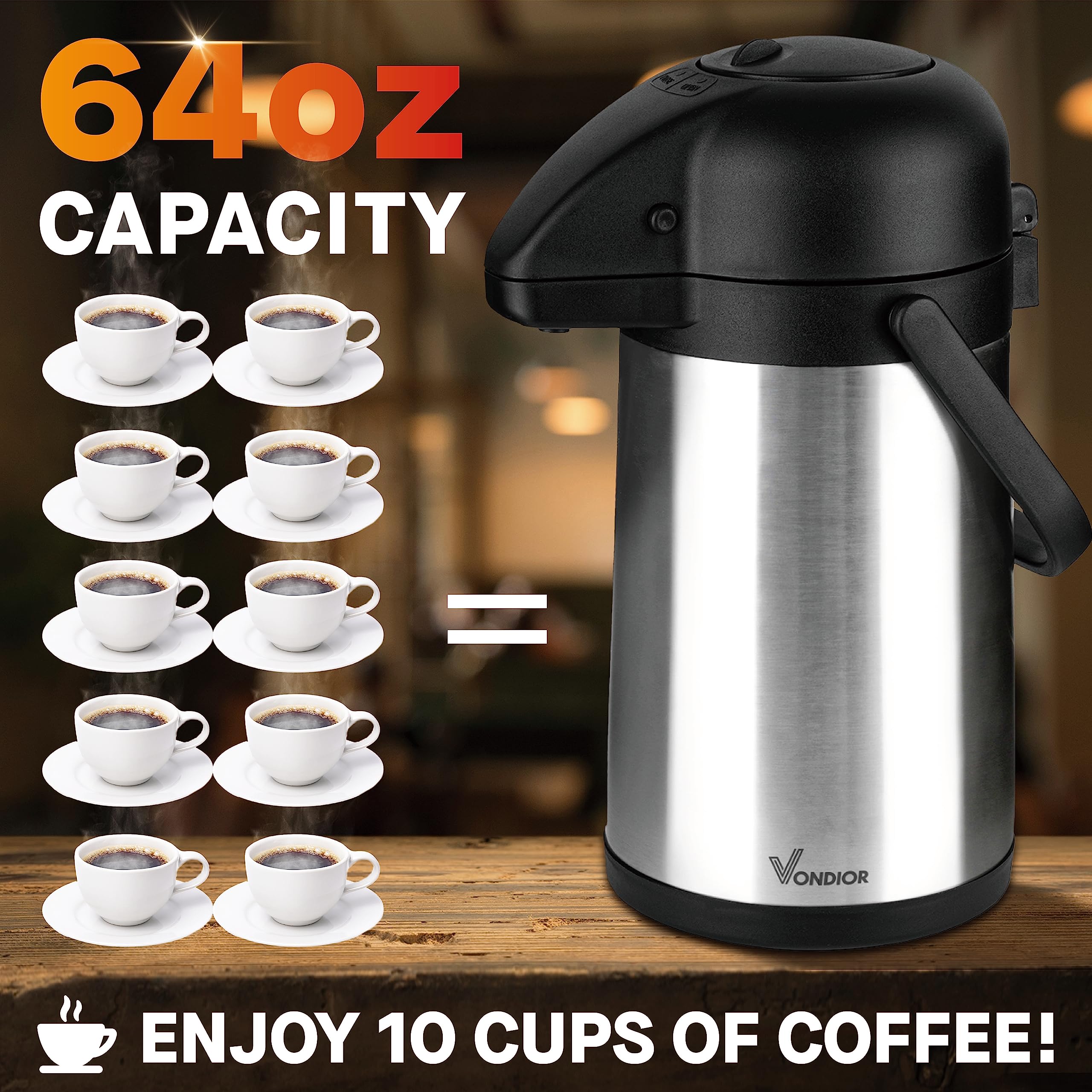 64 Oz Airpot Coffee Dispenser with Pump, Insulated Thermal Coffee Carafe - Stainless Steel Hot Beverage Dispenser - Thermos Urn for Hot/Cold Water, Drink Dispenser for Parties