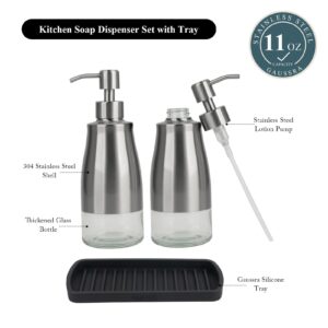 Gaussra Kitchen Soap Dispenser Set with Silicone Tray - Brushed Nickel, Stainless Steel Glass Soap Dispenser Bathroom, Modern Farmhouse Decor, Refillable Hand Dish Soap Dispenser for Kitchen Sink