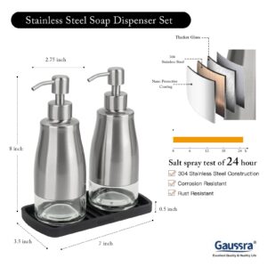 Gaussra Kitchen Soap Dispenser Set with Silicone Tray - Brushed Nickel, Stainless Steel Glass Soap Dispenser Bathroom, Modern Farmhouse Decor, Refillable Hand Dish Soap Dispenser for Kitchen Sink