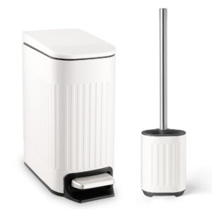 Bathroom Trash Can with Toilet Brush - 1.6 Gallon Slim Stainless Steel Garbage Can, Small Wastebasket for Bathroom, Office, Bedroom, Silicone Toilet Brush Included, White