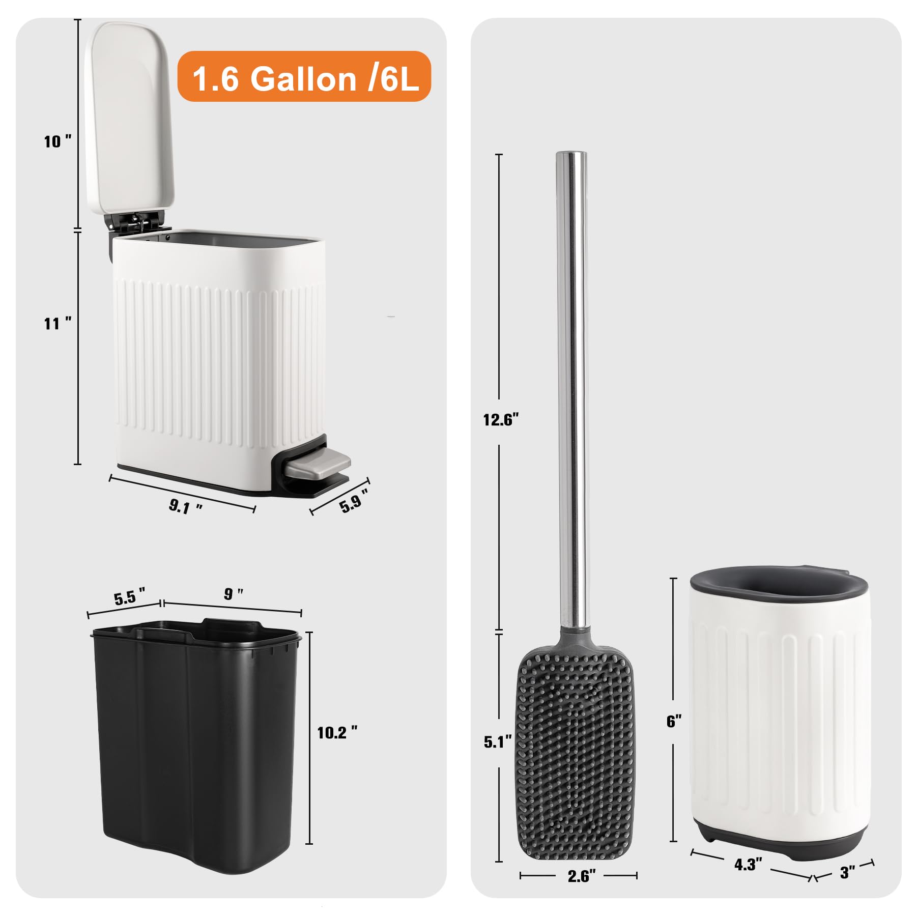 Bathroom Trash Can with Toilet Brush - 1.6 Gallon Slim Stainless Steel Garbage Can, Small Wastebasket for Bathroom, Office, Bedroom, Silicone Toilet Brush Included, White
