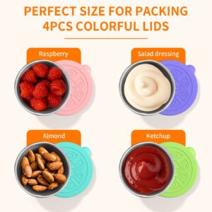 Salad Dressing Container To Go, 1.7oz/50ml Reusable Small Condiment Containers with Lids, Leakproof Silicone Lids Stainless Steel Sauce Containers for Lunch Box, Easy Open, Picnic and Travel (4 Pack)