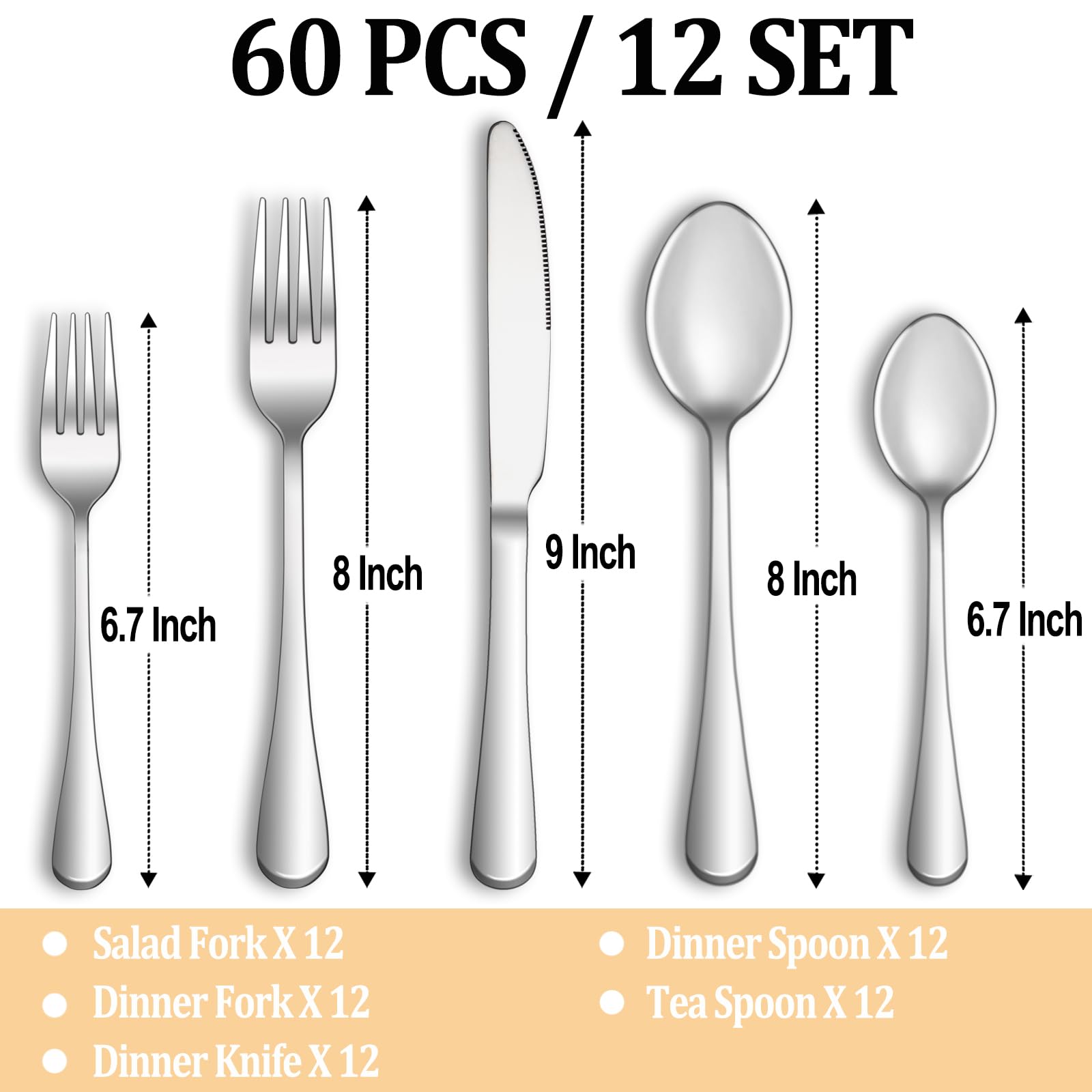 60 Piece Silverware Set Service for 12,Premium Stainless Steel Flatware Set,Mirror Polished Cutlery Utensil Set,Durable Home Kitchen Eating Tableware Set,Include Fork Knife Spoon Set,Dishwasher Safe