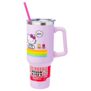 silver buffalo sanrio hello kitty spring and summer flowers rainbow stripes stainless steel tumbler with handle and straw, fits in standard cup holder, 40 ounces