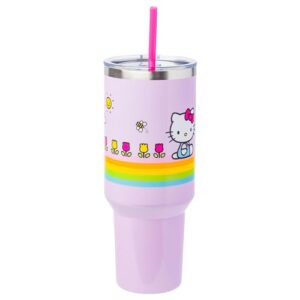 Silver Buffalo Sanrio Hello Kitty Spring and Summer Flowers Rainbow Stripes Stainless Steel Tumbler with Handle and Straw, Fits in Standard Cup Holder, 40 Ounces