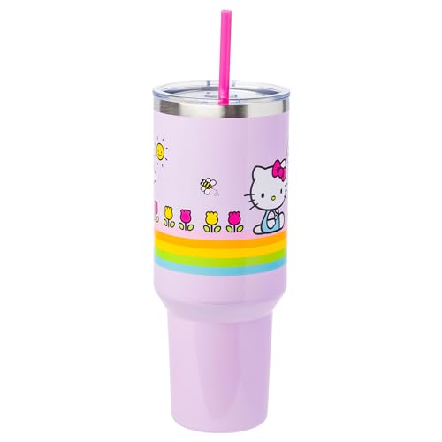 Silver Buffalo Sanrio Hello Kitty Spring and Summer Flowers Rainbow Stripes Stainless Steel Tumbler with Handle and Straw, Fits in Standard Cup Holder, 40 Ounces