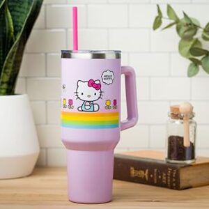 Silver Buffalo Sanrio Hello Kitty Spring and Summer Flowers Rainbow Stripes Stainless Steel Tumbler with Handle and Straw, Fits in Standard Cup Holder, 40 Ounces