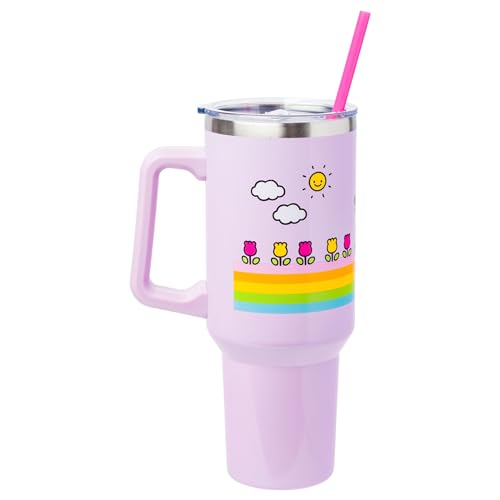 Silver Buffalo Sanrio Hello Kitty Spring and Summer Flowers Rainbow Stripes Stainless Steel Tumbler with Handle and Straw, Fits in Standard Cup Holder, 40 Ounces