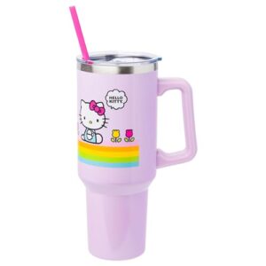 Silver Buffalo Sanrio Hello Kitty Spring and Summer Flowers Rainbow Stripes Stainless Steel Tumbler with Handle and Straw, Fits in Standard Cup Holder, 40 Ounces