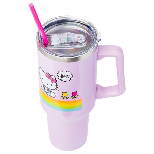 Silver Buffalo Sanrio Hello Kitty Spring and Summer Flowers Rainbow Stripes Stainless Steel Tumbler with Handle and Straw, Fits in Standard Cup Holder, 40 Ounces