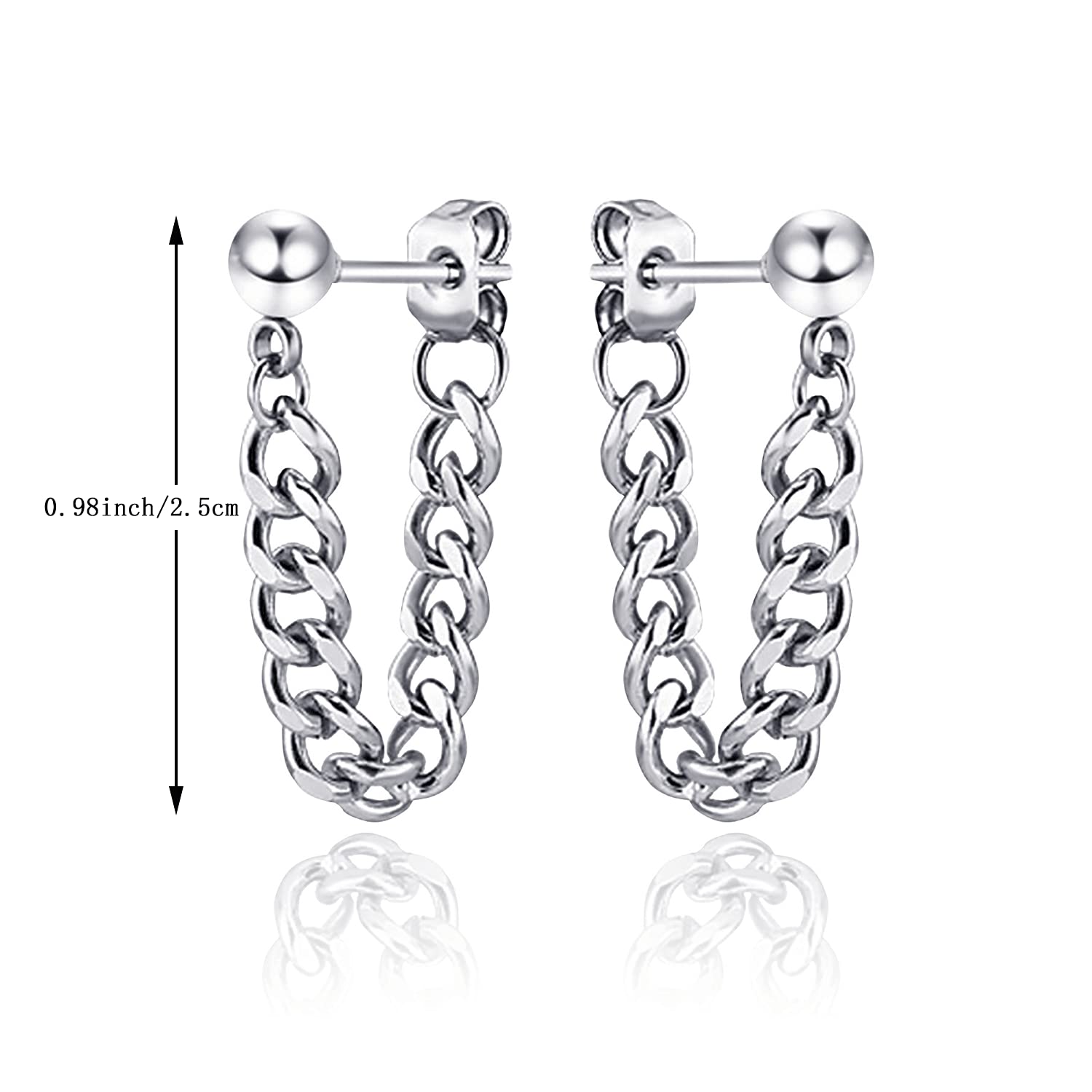 TIANBANGSHI Punk Stainless Steel Chain Earrings for Women's Hypoallergenic Hinged Huggie Dangle Earrings Silver/Black Long Chain Earrings Piercing Jewelry Gift (Silver)