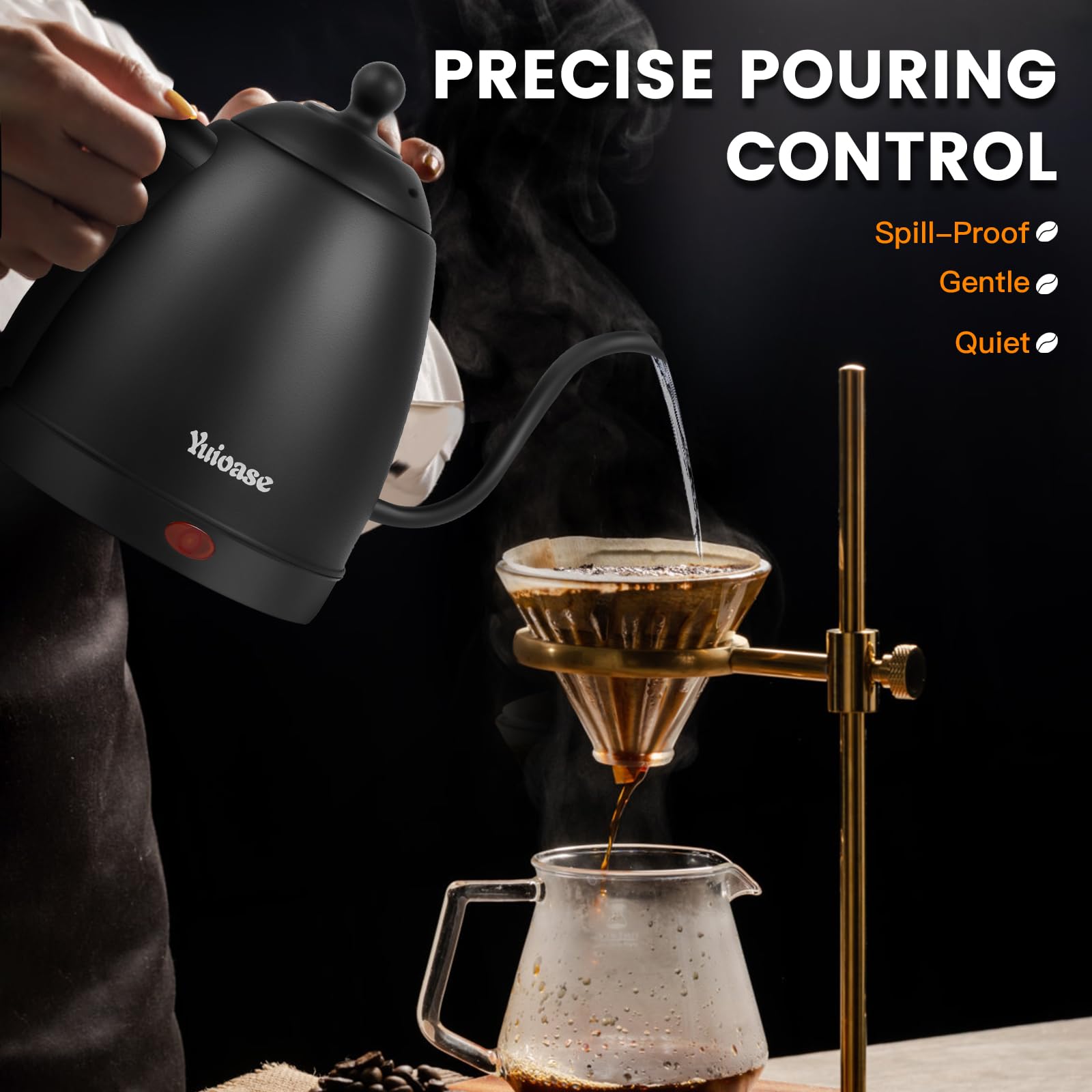 Electric Gooseneck Kettle, Stainless Steel Coffee Kettle, Auto Shutoff, Anti-dry Water Boiler, Pour-over Coffee & Tea,Matte Black 1.0L-1000W Fast Heating Kettle by YUIOASE