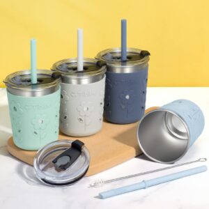 Tiblue Kids & Toddler Cups - 4 Pack 8oz Spill Proof Stainless Steel Tumblers with Leak Proof Lids, Silicone Straw with Stopper & Sleeve - BPA FREE Snack Smoothie Drinking Cup for Baby Girls Boys