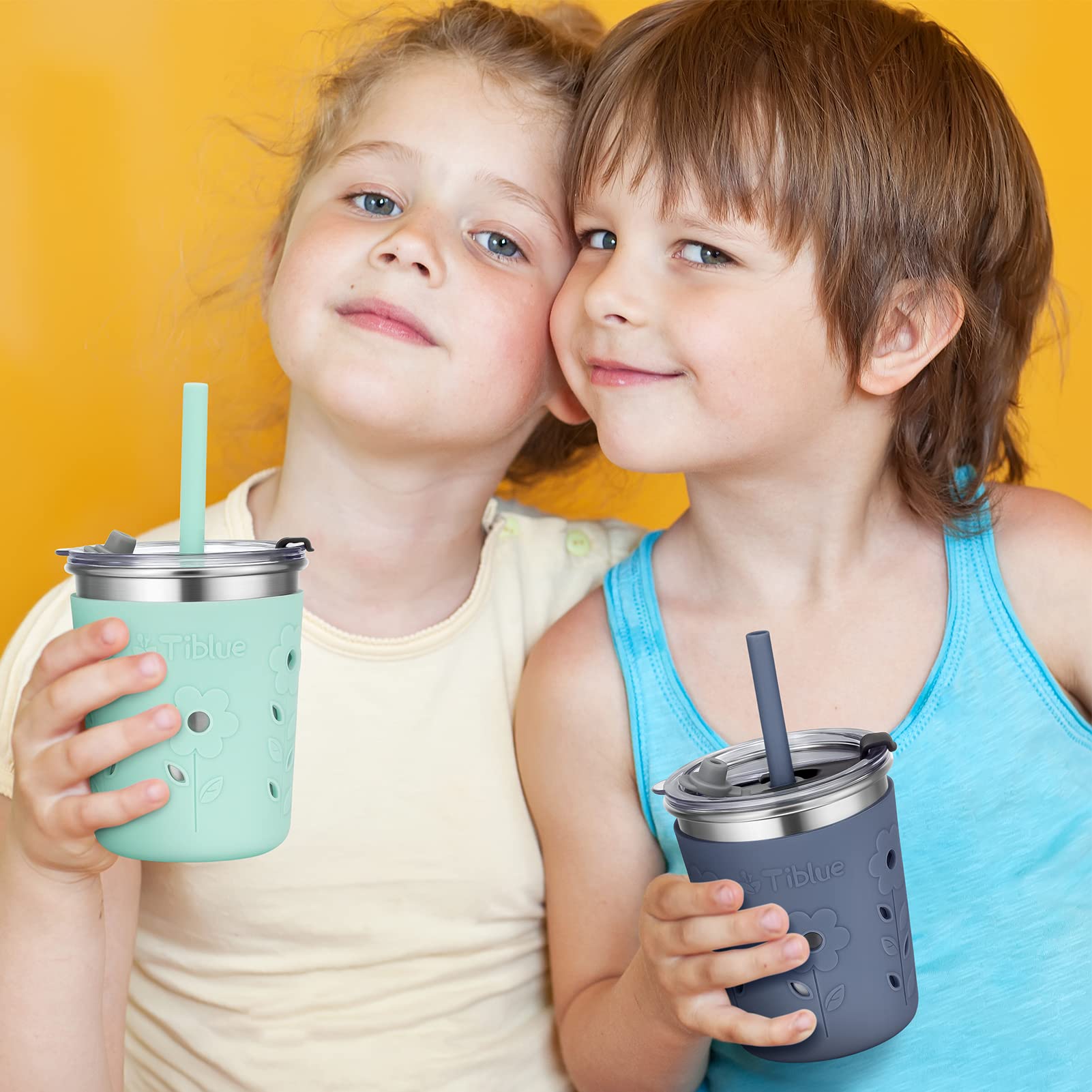 Tiblue Kids & Toddler Cups - 4 Pack 8oz Spill Proof Stainless Steel Tumblers with Leak Proof Lids, Silicone Straw with Stopper & Sleeve - BPA FREE Snack Smoothie Drinking Cup for Baby Girls Boys