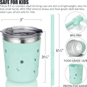 Tiblue Kids & Toddler Cups - 4 Pack 8oz Spill Proof Stainless Steel Tumblers with Leak Proof Lids, Silicone Straw with Stopper & Sleeve - BPA FREE Snack Smoothie Drinking Cup for Baby Girls Boys