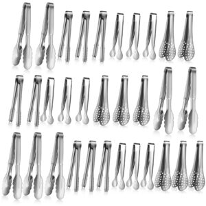 mumufy 32 pcs mini serving tongs buffet serving utensils stainless steel small tongs catering kitchen tongs for appetizer tea party coffee bar food ice salad barbecue cookies sugar, 4 styles (silver)