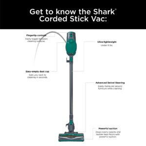 Shark CS110 Ultra Lightweight Corded Stick Vacuum with Easy Empty Cup, Fingertip Controls, Powerful Suction and Advanced Swivel Steering Over Hardwood Or Carpet (Renewed) (Emerald)