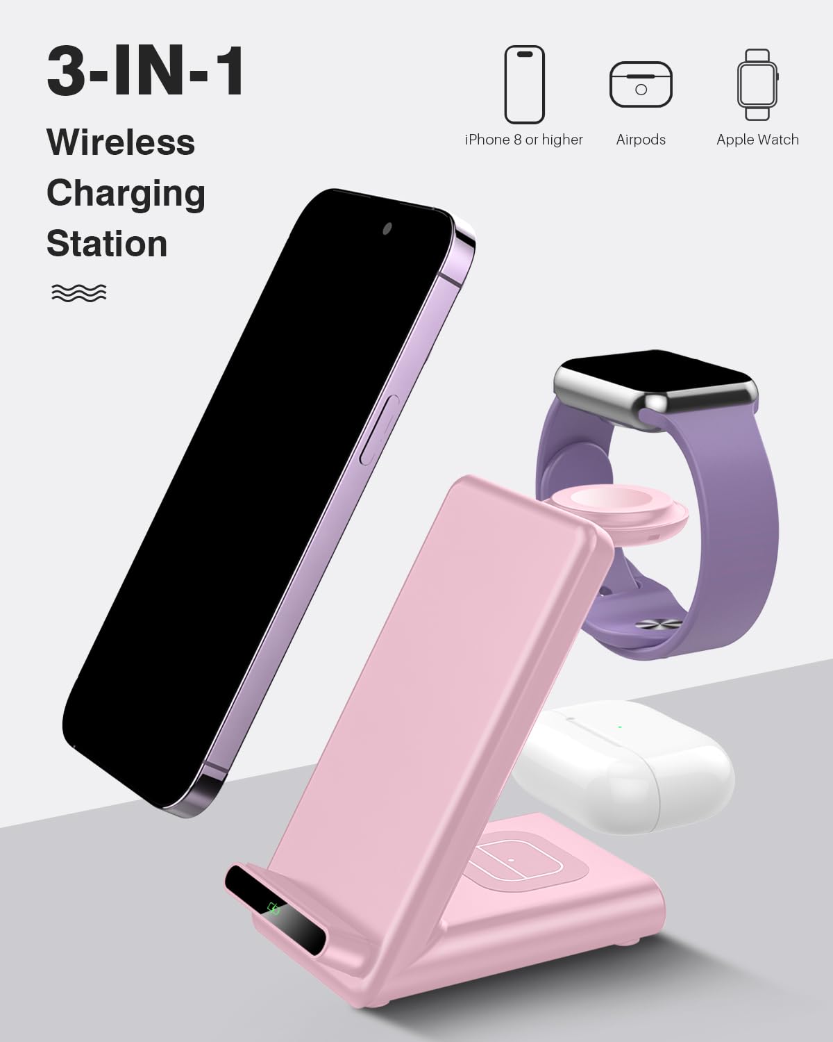 Wireless Charging Station,3 in 1 Wireless Charging Stand Made for Apple Watch Ultra 9 8 7 6 SE 5 4 3,Fast Wireless Charger Made for iPhone 15/Plus/Pro Max/14/13/12/11/X,for AirPods Pro(with Adapter)