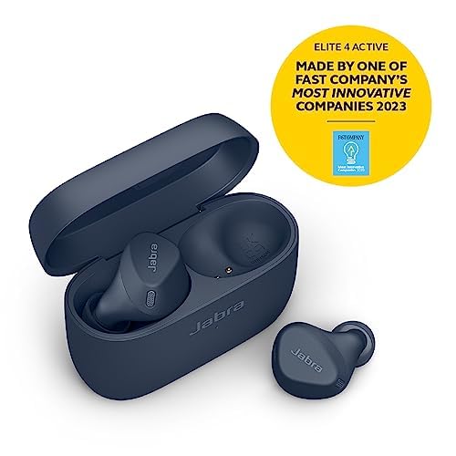 Jabra Elite 4 Active in-Ear Bluetooth Earbuds – True Wireless Earbuds with Secure Active Fit, 4 Built-in Microphones, Active Noise Cancellation and Adjustable HearThrough Technology – Navy