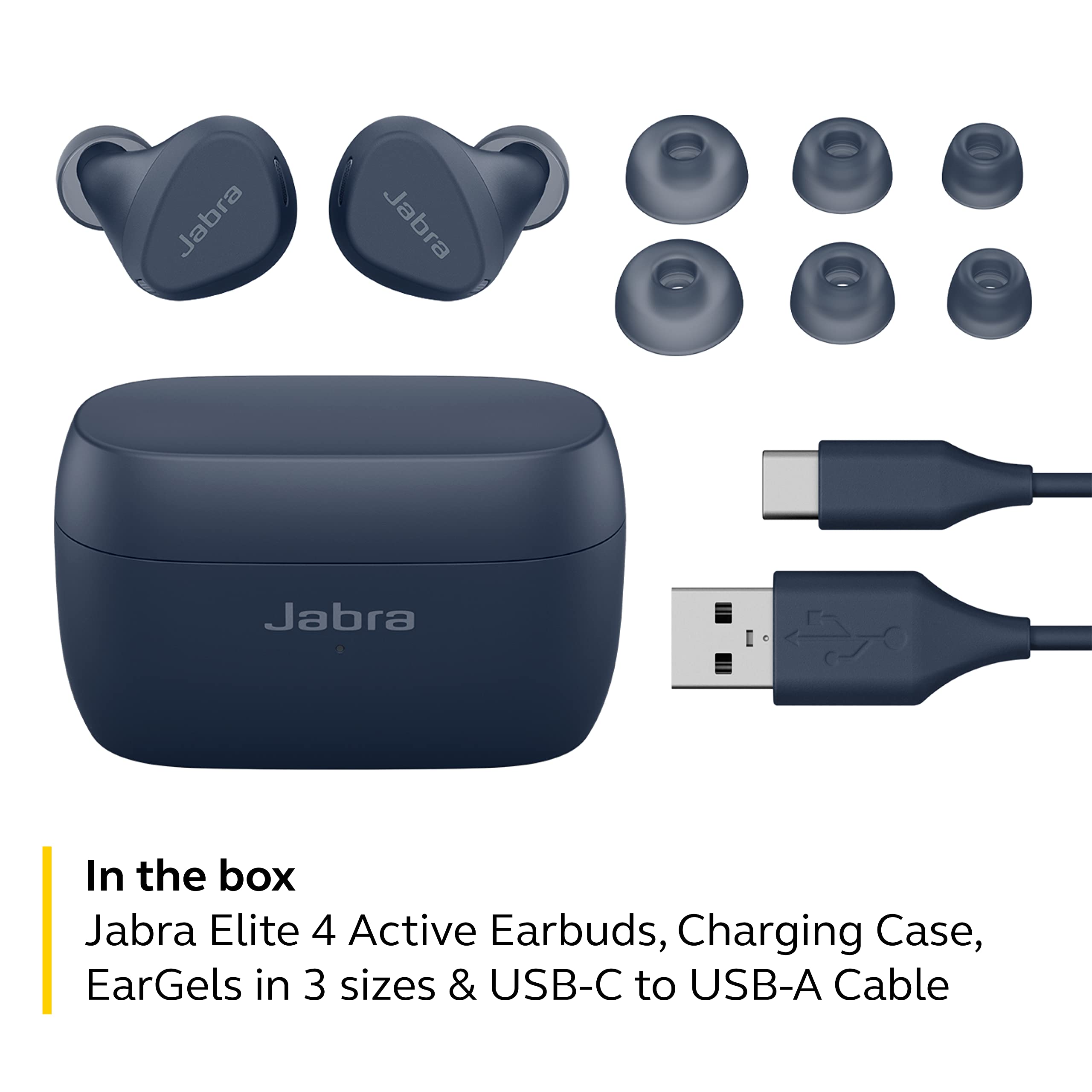 Jabra Elite 4 Active in-Ear Bluetooth Earbuds – True Wireless Earbuds with Secure Active Fit, 4 Built-in Microphones, Active Noise Cancellation and Adjustable HearThrough Technology – Navy