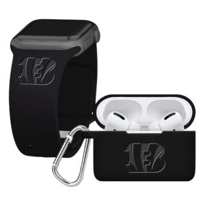 game time cincinnati bengals engraved silicone combo package compatible with apple watch and airpods pro battery case (42/44mm black/black)