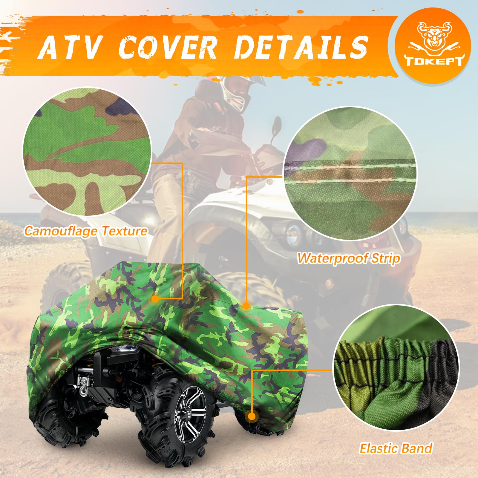 Tokept ATV Waterproof Cover, 210D All Weather Protection Quad Bike Cover from Snow, Rain or Sun, Fits up to 86 Inch 4 wheelers (Camouflage XXL)