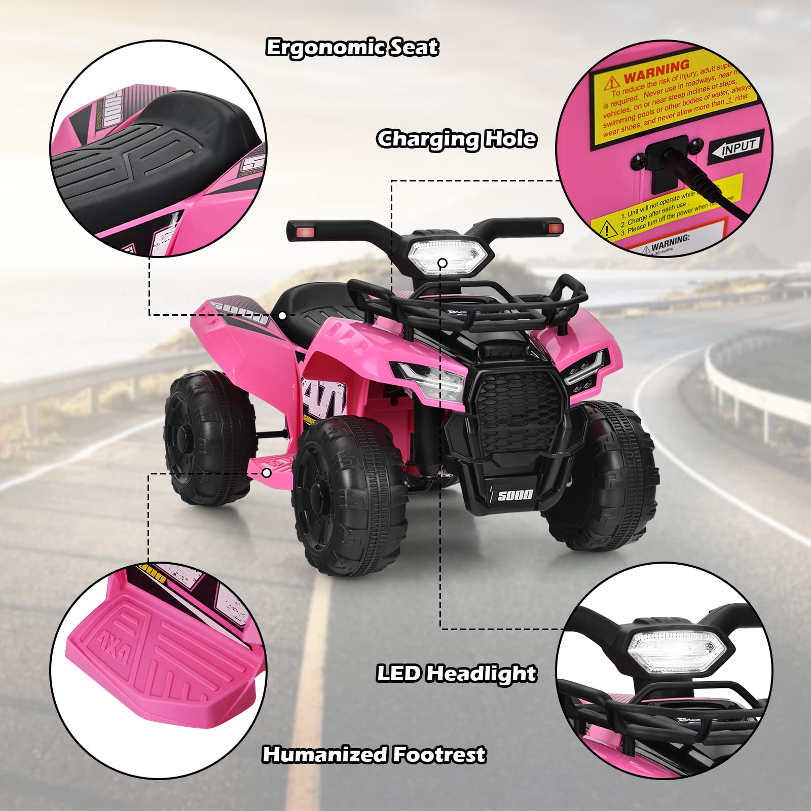 HONEY JOY Kids ATV, 4 Wheeler Battery Powered Toddler Quad with Storage Box, Horn, Music, LED Headlights, 6V Ride On ATV Toy, Gift for Boys Girls(Pink)