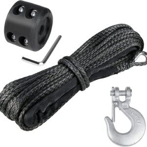 WROUGH 1/4" Synthetic Winch Rope 50 Ft Black Heavy Duty 10000 lb ATV Winch Rope Line with Steel Hook Rubber Stopper Protecting Sleeve/Sheath and Thimble Universal Fit for ATV SUV Vehicle Winch Rope