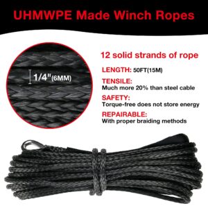 WROUGH 1/4" Synthetic Winch Rope 50 Ft Black Heavy Duty 10000 lb ATV Winch Rope Line with Steel Hook Rubber Stopper Protecting Sleeve/Sheath and Thimble Universal Fit for ATV SUV Vehicle Winch Rope