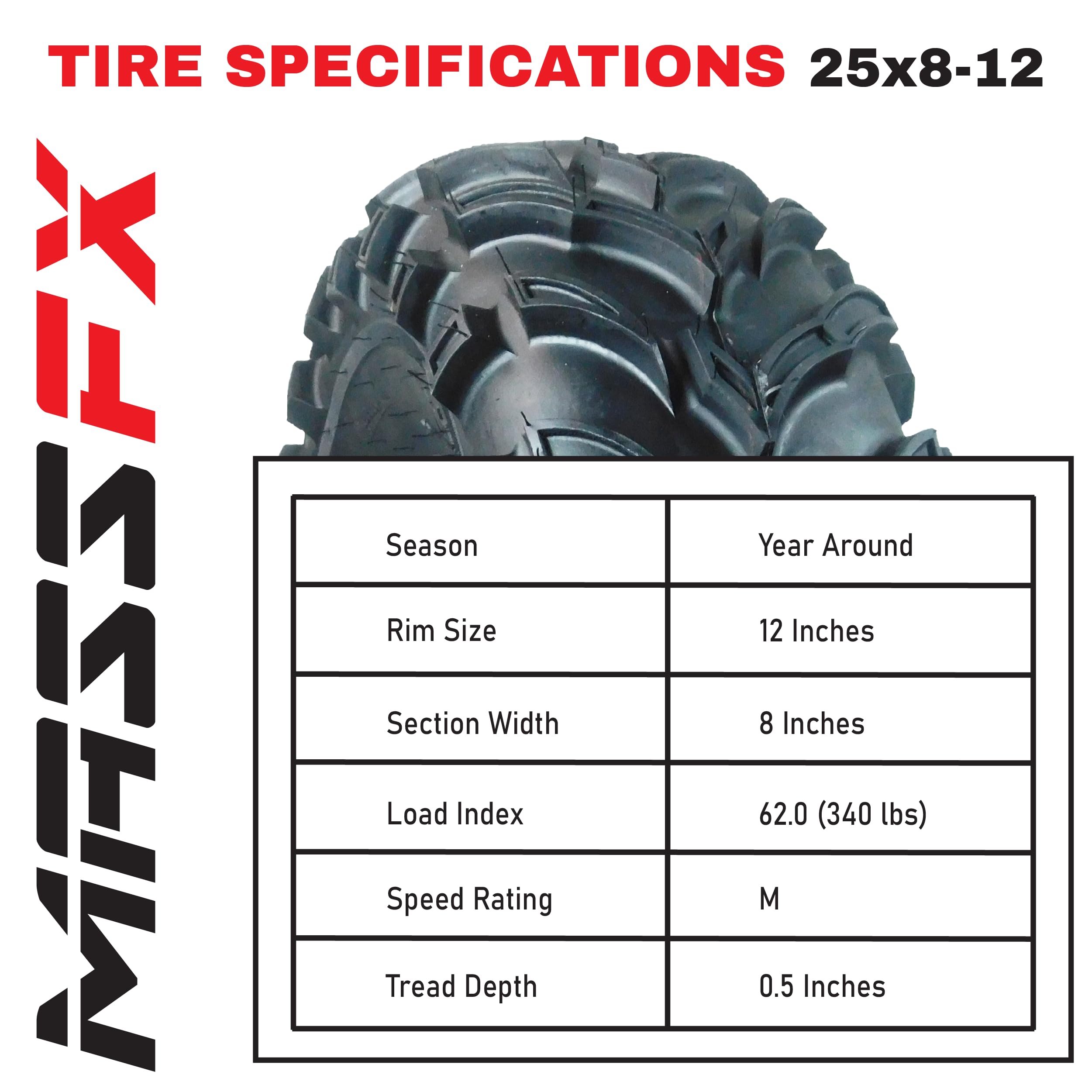 MASSFX P377 ATV/UTV Front Tires 25x8-12 - Set of 2 (25x8x12) 2 Pack