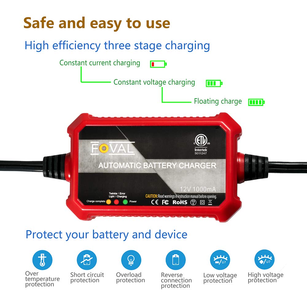 [2-Pack] FOVAL Fully Automatic Trickle Charger, 1000mA 12V Smart car Battery Charger, Battery Maintainer, Float Charger for Motorcycle Car Lawn Mower Boat SLA ATV Wet Gel Cell Lead Acid Batteries