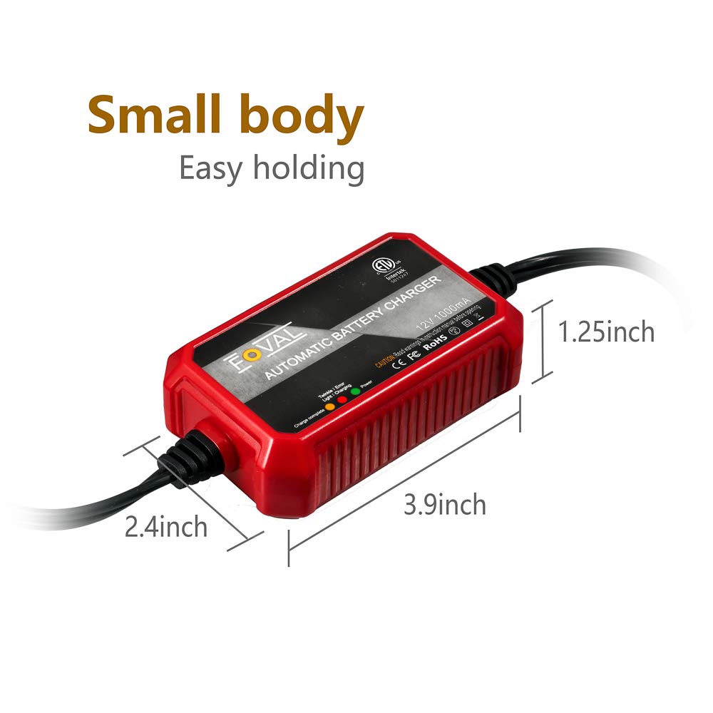 [2-Pack] FOVAL Fully Automatic Trickle Charger, 1000mA 12V Smart car Battery Charger, Battery Maintainer, Float Charger for Motorcycle Car Lawn Mower Boat SLA ATV Wet Gel Cell Lead Acid Batteries