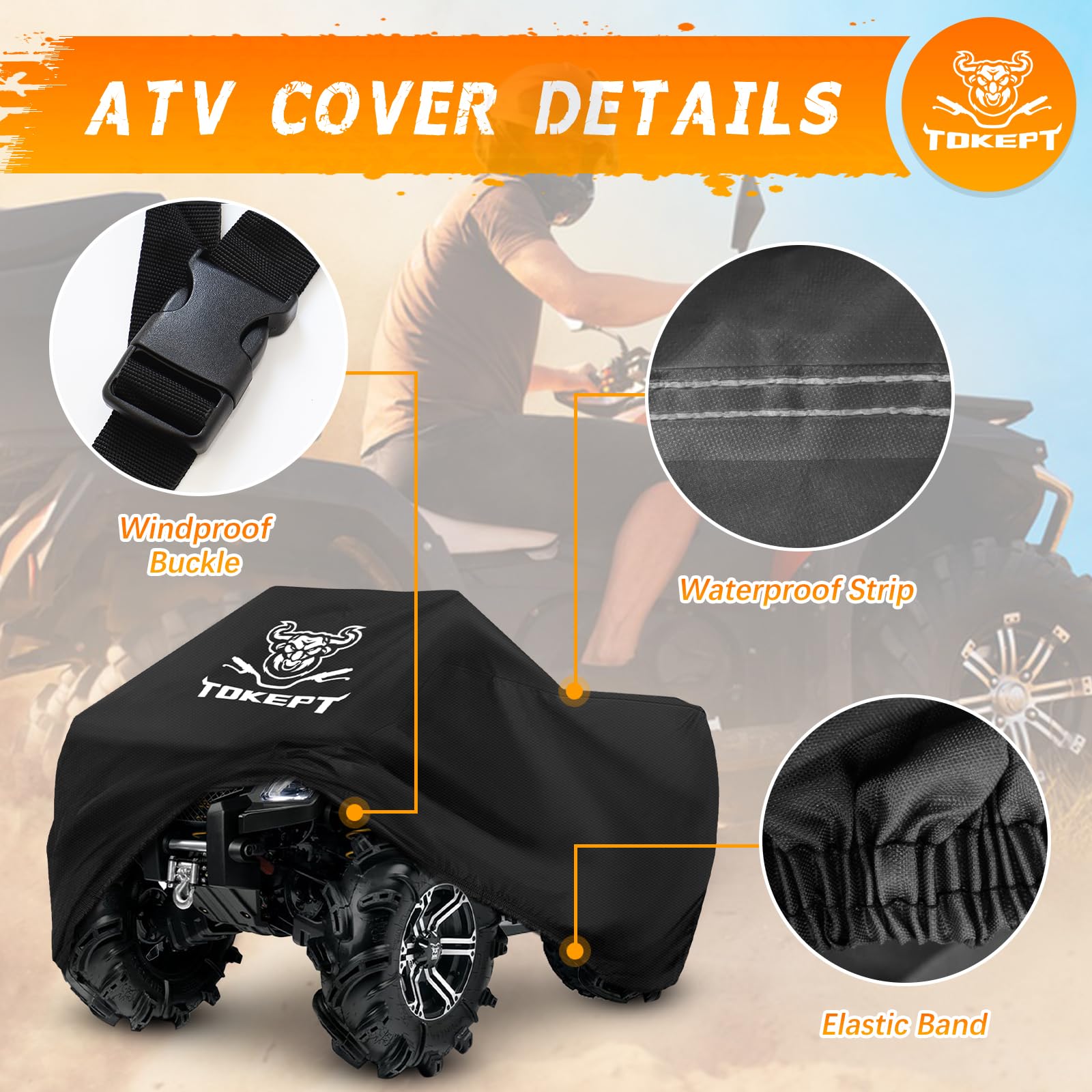 Tokept ATV Cover, Heavy Duty Black Waterproof Oxford Fabric Protective 4 Wheeler Quad Cover for 86" Kawasaki Honda Polaris Yamaha (86''L x 38''W x 42''H)