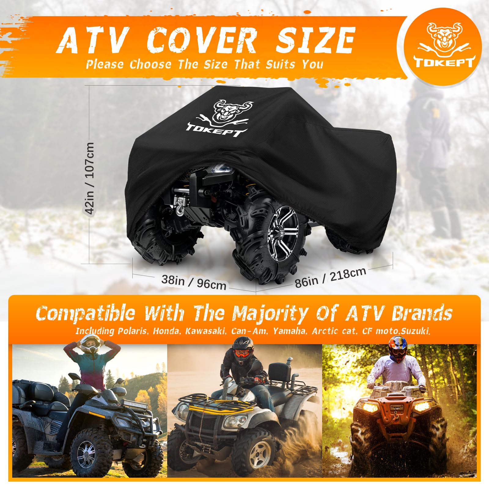 Tokept ATV Cover, Heavy Duty Black Waterproof Oxford Fabric Protective 4 Wheeler Quad Cover for 86" Kawasaki Honda Polaris Yamaha (86''L x 38''W x 42''H)