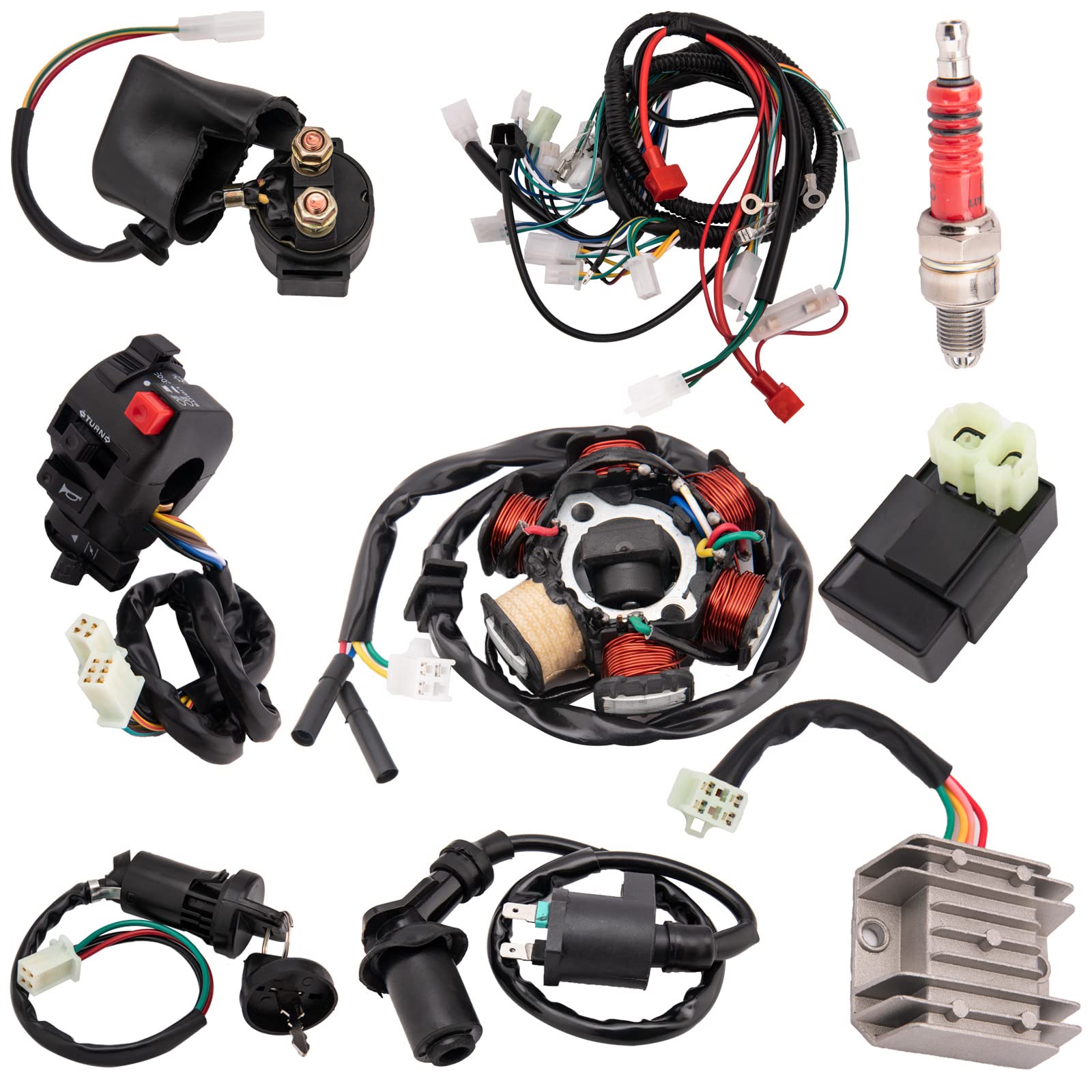 HOOTO Complete Wiring Harness kit for ATV Quad 4 Stroke 50cc 70cc 90cc 110cc 125cc Pit Quad Dirt Bike Go Kart Quad Wire Harness Complete Electrics Stator Coil CDI Solenoid Relay Spark Plug, Lead