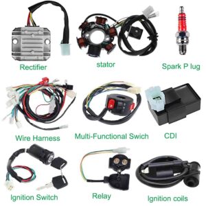 HOOTO Complete Wiring Harness kit for ATV Quad 4 Stroke 50cc 70cc 90cc 110cc 125cc Pit Quad Dirt Bike Go Kart Quad Wire Harness Complete Electrics Stator Coil CDI Solenoid Relay Spark Plug, Lead