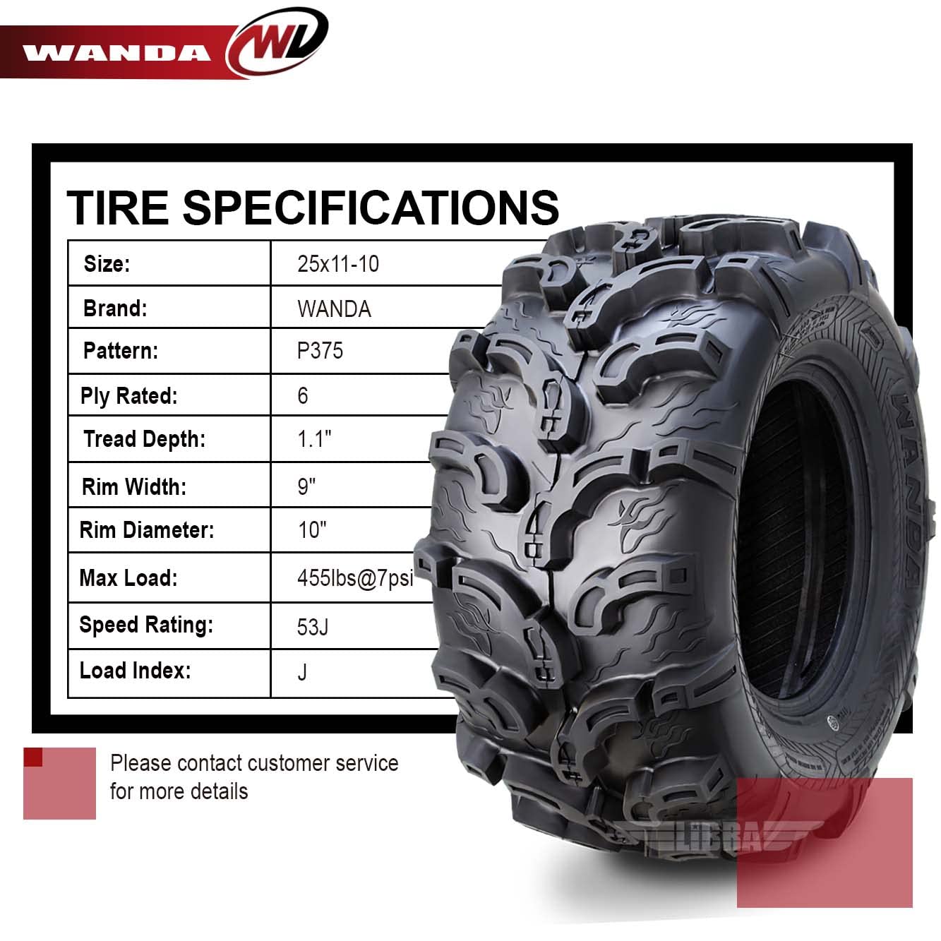 WANDA 2 Premium UTV ATV Tires 25x11-10 25x11x10 Super Mud Snow 6PR P375-10216