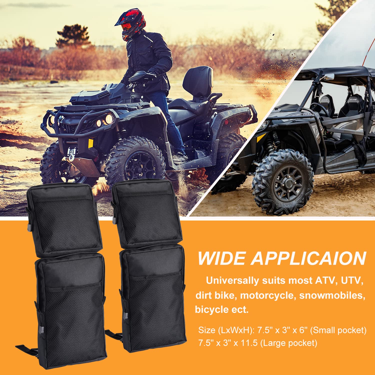 CKEGUO ATV Fender Bags, 2-Pack Motorcycle ATV Tank Saddlebags, Universal Rear Storage Tool Bags for ATV UTV Dirt Bike (Black)