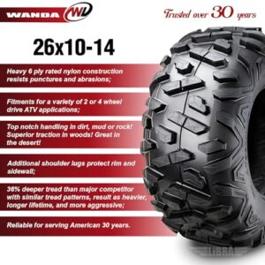 WANDA 26X10-14 UTV ATV Tires 6 Ply 26x10x14 Bighorn Style -Set 2-10184