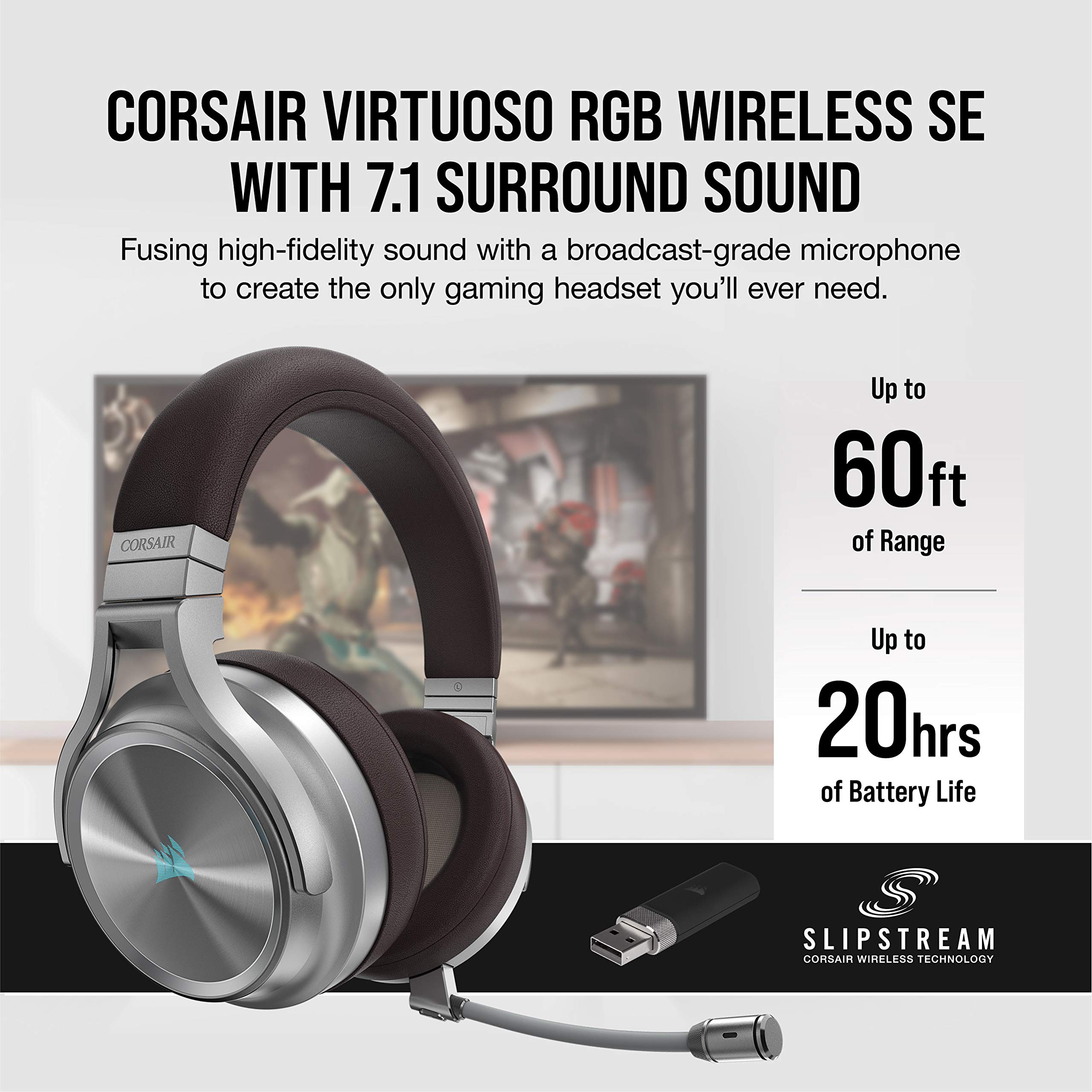 Corsair Virtuoso RGB Wireless SE Gaming Headset - High-Fidelity 7.1 Surround Sound W/Broadcast Quality Microphone, Memory Foam Earcups, 20 Hour Battery Life, Works w/PC, PS5, PS4 - Espresso