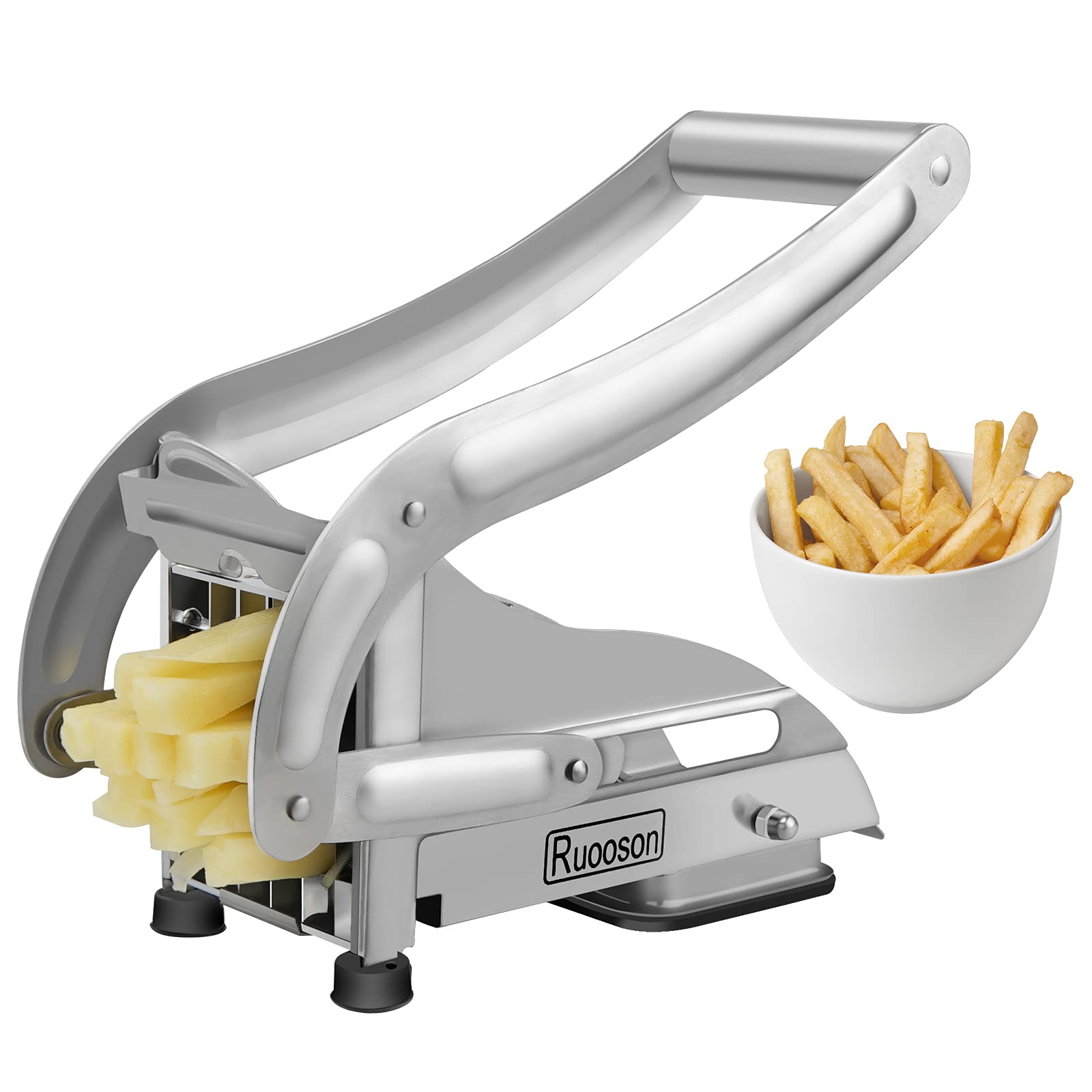 French Fry Cutter, Ruooson Professional Potato Cutter Slicer Stainless Steel, Includes 1/2 & 3/8-Inch Blade and No-Slip Suction Base, Great for Air Fryer Food Potatoes Carrots Cucumbers. (Steeel)