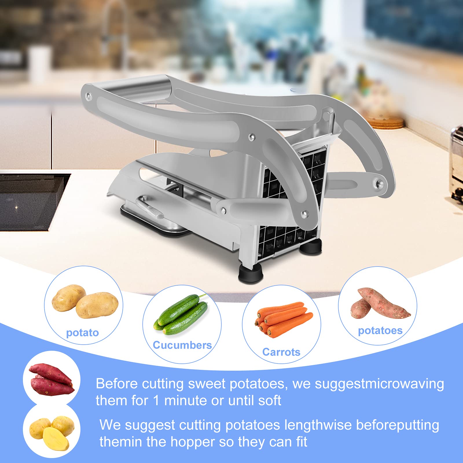 French Fry Cutter, Ruooson Professional Potato Cutter Slicer Stainless Steel, Includes 1/2 & 3/8-Inch Blade and No-Slip Suction Base, Great for Air Fryer Food Potatoes Carrots Cucumbers. (Steeel)