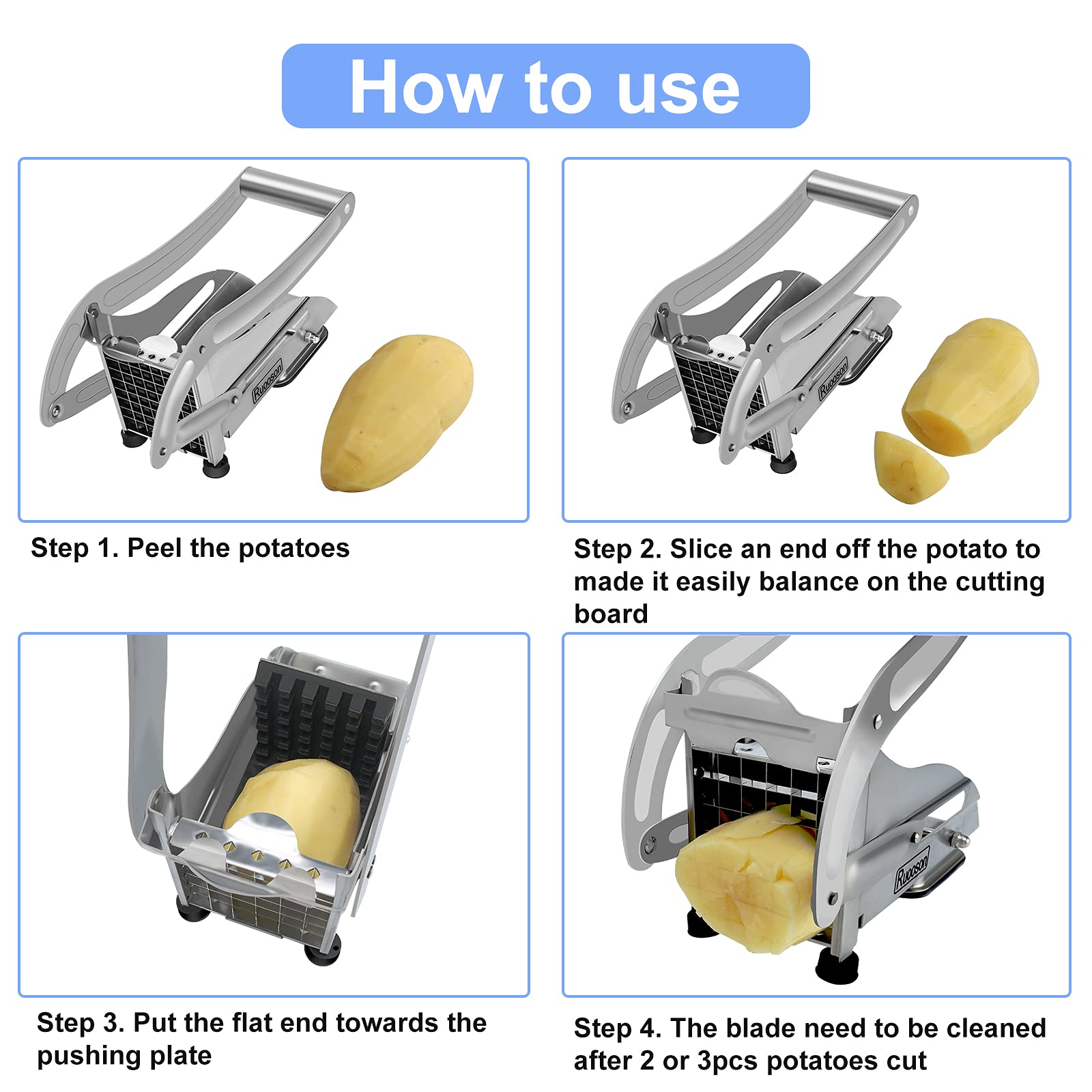 French Fry Cutter, Ruooson Professional Potato Cutter Slicer Stainless Steel, Includes 1/2 & 3/8-Inch Blade and No-Slip Suction Base, Great for Air Fryer Food Potatoes Carrots Cucumbers. (Steeel)