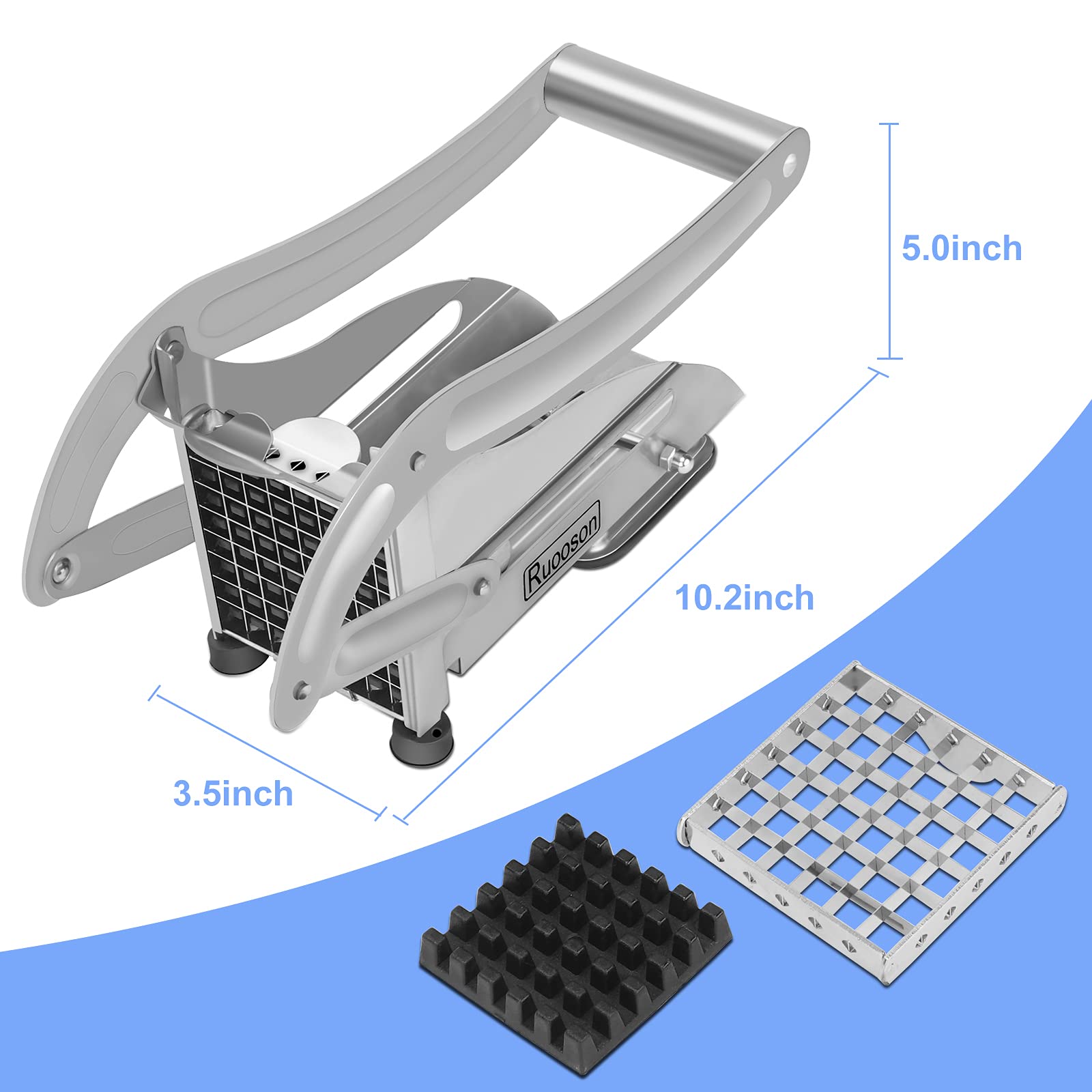 French Fry Cutter, Ruooson Professional Potato Cutter Slicer Stainless Steel, Includes 1/2 & 3/8-Inch Blade and No-Slip Suction Base, Great for Air Fryer Food Potatoes Carrots Cucumbers. (Steeel)