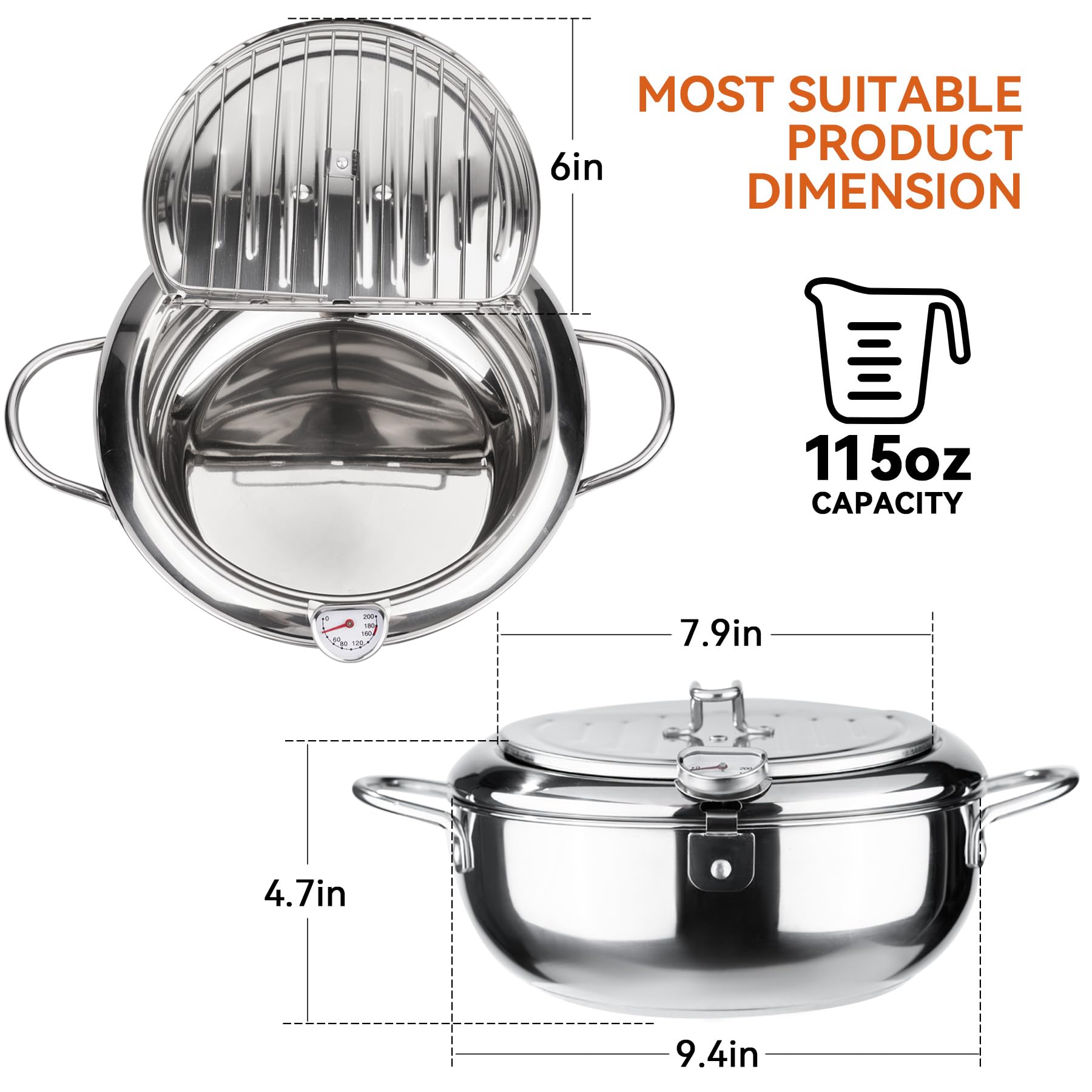 Kerilyn Deep Fryer Pot, 9.4 Inch/3.4 L Janpanese Style Tempura Frying Pot with Lid, 304 Stainless Steel with Temperature Control and Oil Drip Drainer Rack, for Kitchen French Fries, Chicken etc