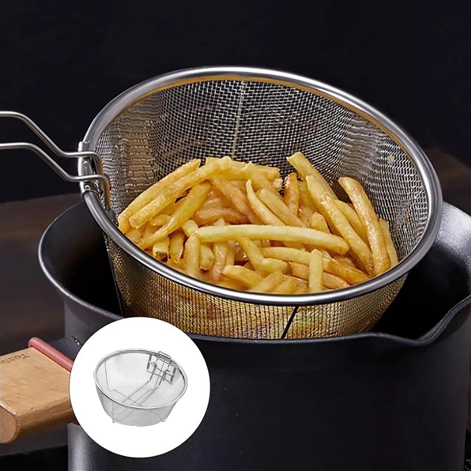 Stainless Steel Fry Basket, 12.6''/14.7'' Round Wire Mesh Fry Basket, French Chips Fry Serving Food Presentation Tableware with Folding Handles, Deep Fryer Accessories