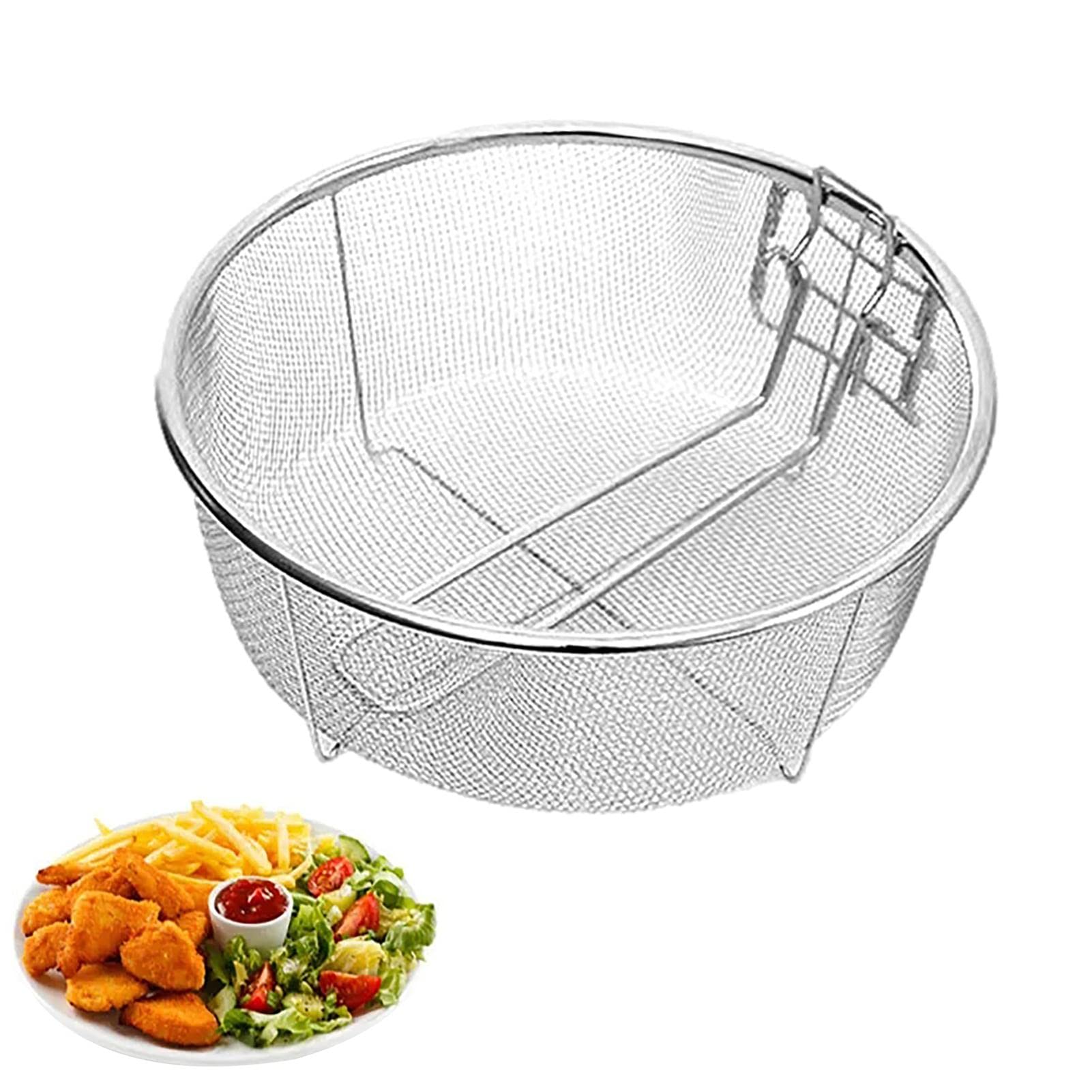 Stainless Steel Fry Basket, 12.6''/14.7'' Round Wire Mesh Fry Basket, French Chips Fry Serving Food Presentation Tableware with Folding Handles, Deep Fryer Accessories