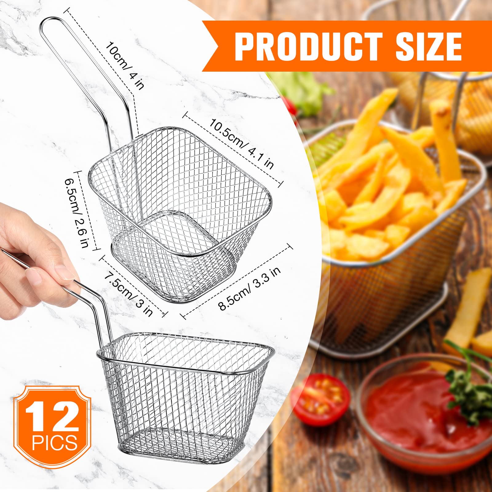 12 Pieces Mini Square Fry Basket Steel French Fry Chip Basket Food Baskets for Serving Stainless Steel Fry Basket with Handle Reusable Fries Holder Mini Deep Fryer with Basket for Home Decor