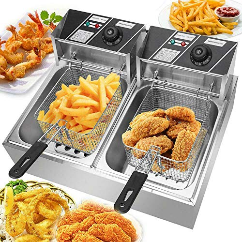 Commercial Deep Fryer w/ 2 Baskets & Lids, 2x6L Stainless Steel Large Capacity Fryer, Countertop Kitchen Frying Machine w/Temperature Control, French Fries Donuts for Restaurant or Home Use